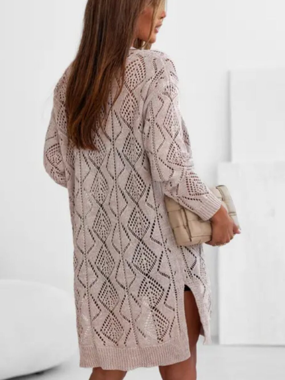 128. LOVESOFT Khaki Hollow-Out Openwork Knit Cardigan Sweater Coat